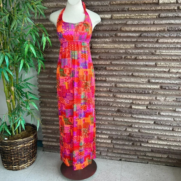 Accentuette Vintage 60s 70s Neon Pink Nylon Maxi Halter Summer Dress Size 36B - Picture 2 of 11